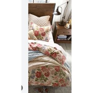 Pottery Barn Marla Duvet King Linen Blend Red Floral Roses Peony Iris Pink